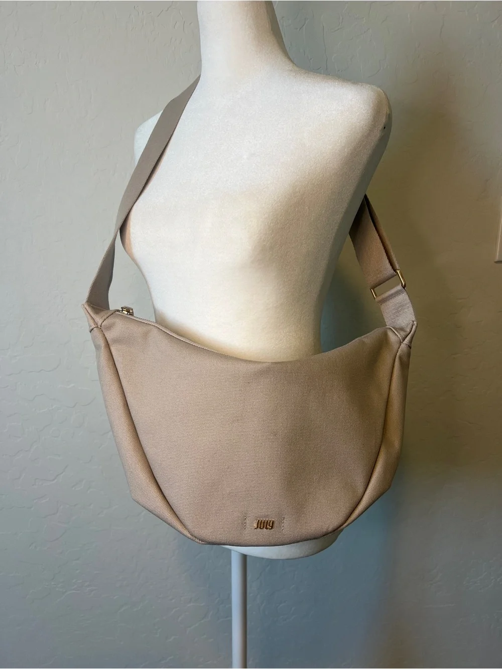 JULY Everyday Crescent Dumpling Bag Minimalist Canvas Sling Crossbody Beige